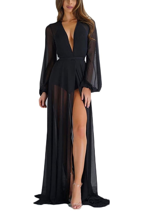 Women Sheer Long Dress Gown See Through Kimono Robe Bikini Cover Up