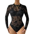 thumbnail image 1 of Women Sheer Mesh Bodysuit Long Sleeve Round Neck Floral One Piece See Through Bodycon Bodysuit Top Leotard Clubwear (Black, M), 1 of 9