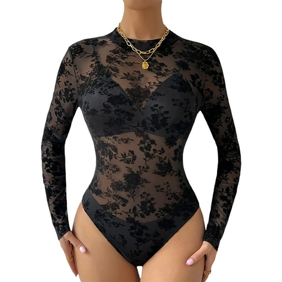 Women Sheer Mesh Bodysuit Long Sleeve Round Neck Floral One Piece See Through Bodycon Bodysuit Top Leotard Clubwear (Black, M)