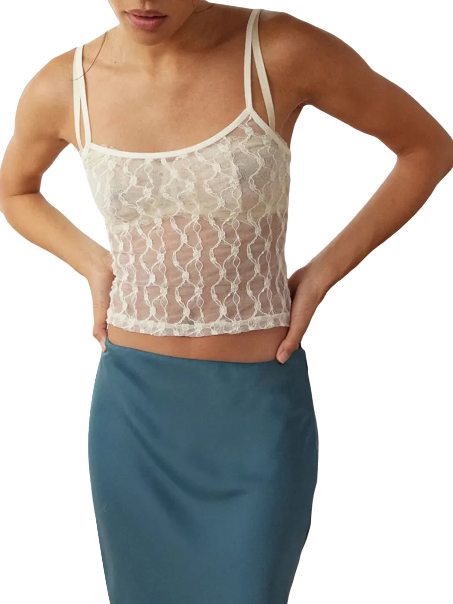 Women Sheer Mesh Crop Cami Tops Slim Floral Lace See Through Women Sheer Mesh Crop Cami Tops Slim Floral Lace See Through