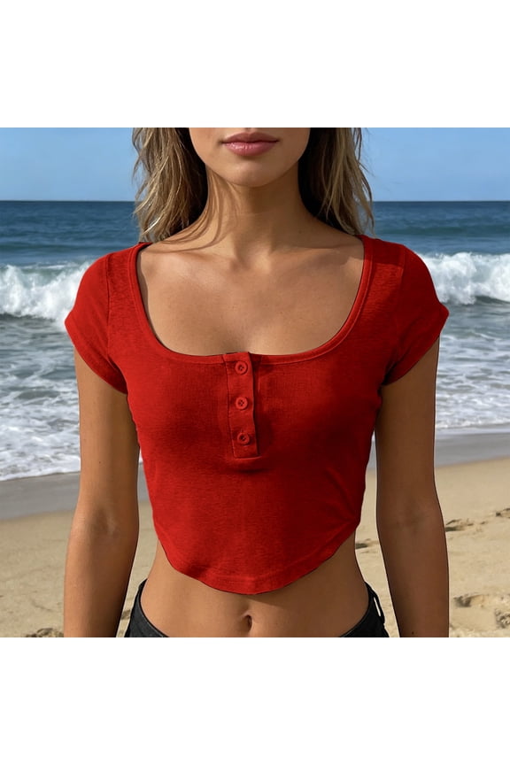 Women Sheer Mesh Crop Top U Neck Button Down Slim Fit Solid Color Summer Ribbed Tee Shirts RD1
