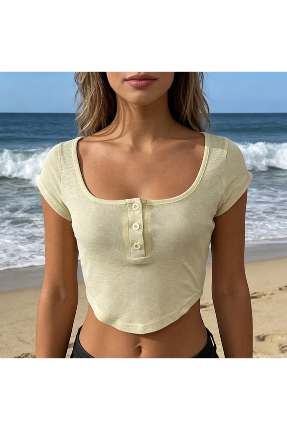 Women Sheer Mesh Crop Top U Neck Button Down Slim Fit Solid Color Summer Ribbed Tee Shirts Yellow