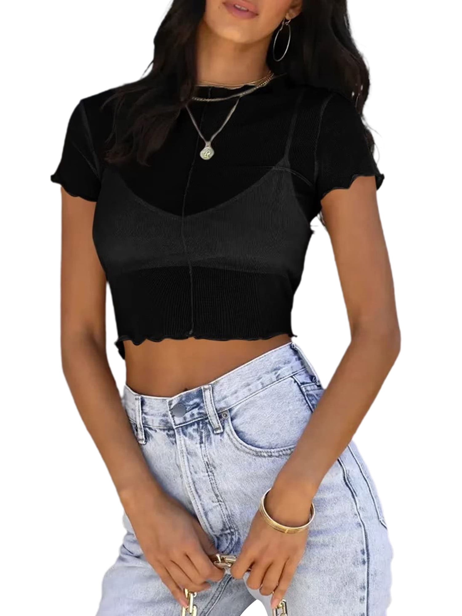 Women Sheer Mesh Crop Tops Round Neck Short Sleeve See-Throuht Sexy Cover  Up Shirt Y2k Ruffle Going Out Top Casual Streetwear 