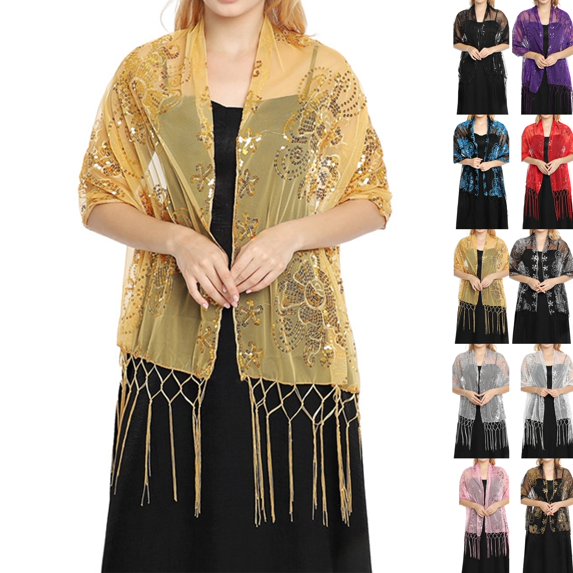 Women Sheer Mesh Embroidered Shawl Cardigan, Floral Sequin Tassel Open Front Cape Cover‑up for Evening Formal Wedding Party Mother of Bride Outfit Gold