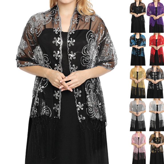 Women Sheer Mesh Embroidered Shawl Cardigan, Floral Sequin Tassel Open Front Cape Cover‑up for Evening Formal Wedding Party Mother of Bride Outfit Silver