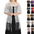 thumbnail image 1 of Women Sheer Mesh Embroidered Shawl Cardigan, Floral Sequin Tassel Open Front Cape Cover‑up for Evening Formal Wedding Party Mother of Bride Outfit White, 1 of 4
