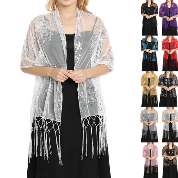 Women Sheer Mesh Embroidered Shawl Cardigan, Floral Sequin Tassel Open Front Cape Cover‑up for Evening Formal Wedding Party Mother of Bride Outfit White