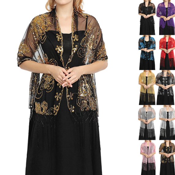 Women Sheer Mesh Embroidered Shawl Cardigan, Floral Sequin Tassel Open Front Cape Cover‑up for Evening Formal Wedding Party Mother of Bride Outfit Yellow