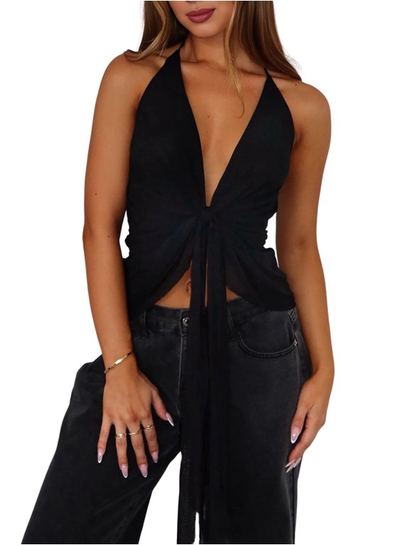 Women Sheer Mesh Halter Top Deep V Neck Split Hem Y2k Tank Tops Tie Back Sleeveless Flowy Camis Shirt Black L