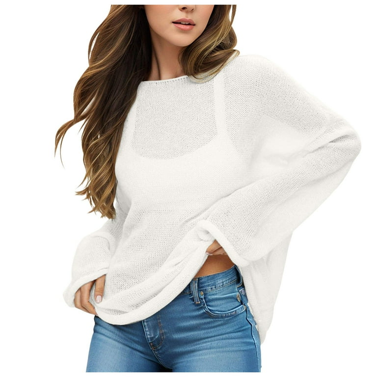 Women Sheer Mesh Knit Sweater Tops Oversized Long Sleeve O