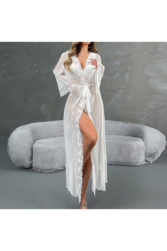 Women Sheer Mesh Maxi Wrap Bathrobe with Hood, Floral Lace V Neck Belted Robe, Bridal Wedding Spa Full Length Loungewear White S