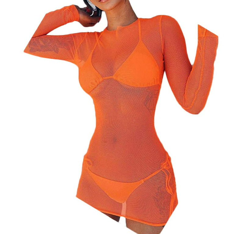 Women Sheer Mesh See-through Bikini Cover Up Long Sleeve Bodycon Dress  Swimsuit Bathing Summer Beach Dress