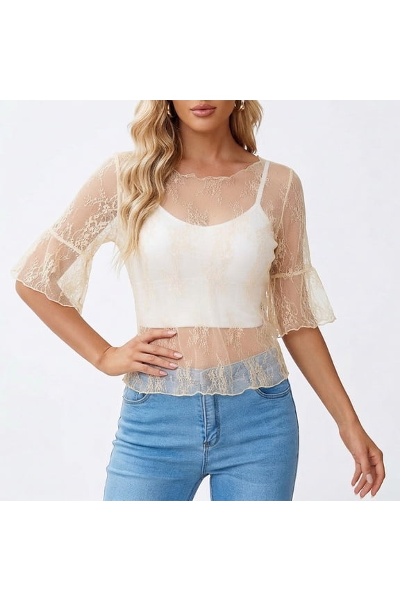Women Sheer Mesh T-Shirt See Through Crewneck Short Sleeve Slim Fit Clubwear Party Pullover Tops Beige