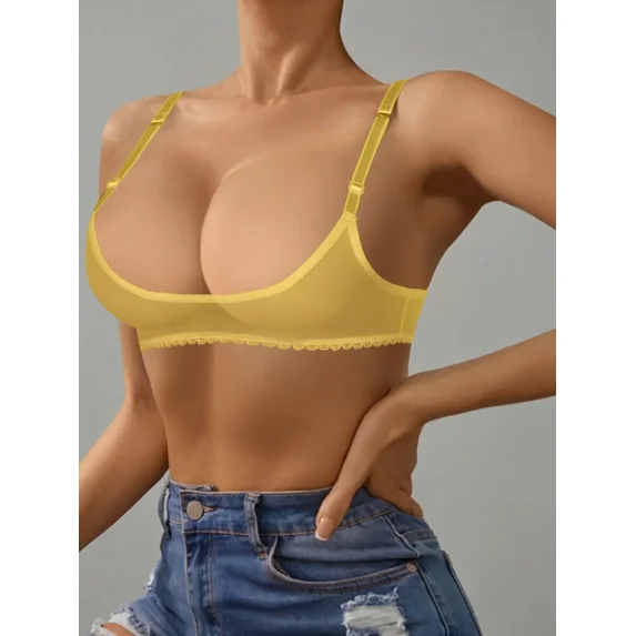 Women Sheer Mesh Unlined Bra Ultra Thin See Through Lace Trim Bralette