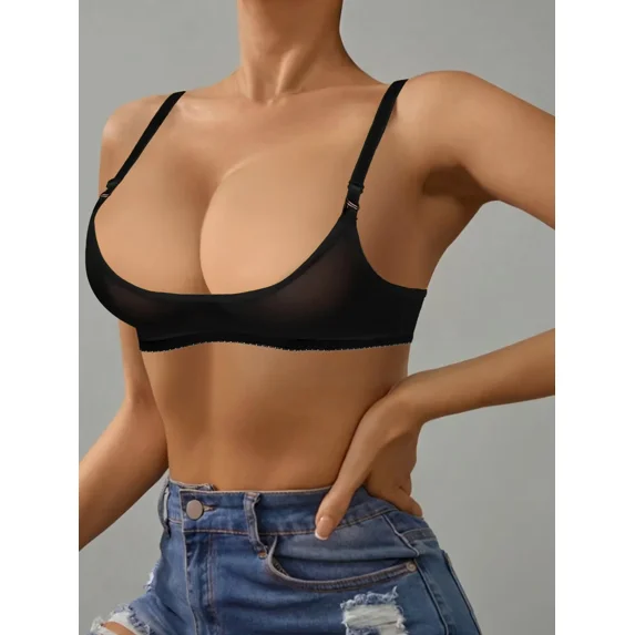 Women Sheer Mesh Unlined Bra Ultra Thin See Through Lace Trim Bralette