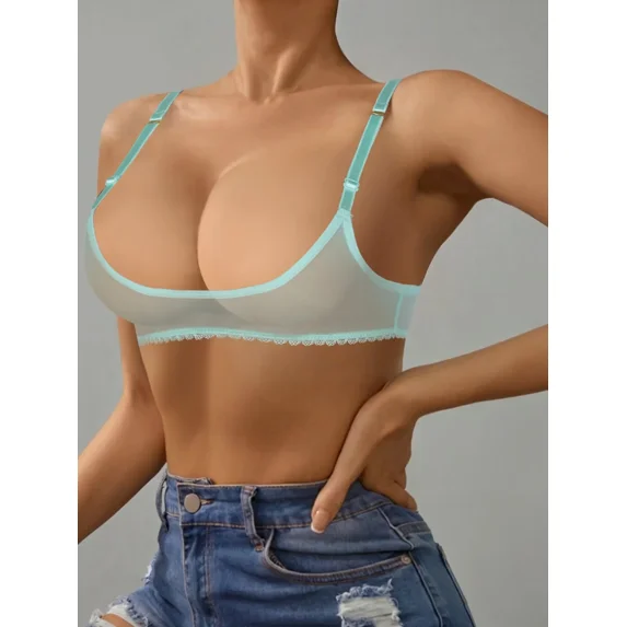 Women Sheer Mesh Unlined Bra Ultra Thin See Through Lace Trim Bralette