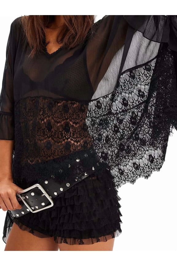 Women Sheer Oversized Batwing Sleeve Blouse Lace See Through Mesh CoverUp Ruffle Flowy Boho Shirt