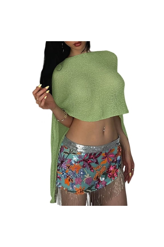 Women Sheer Poncho Top Light-Weight Knit Crochet Shrug Mesh Batwing Sleeve Sweater Cover Up Green M