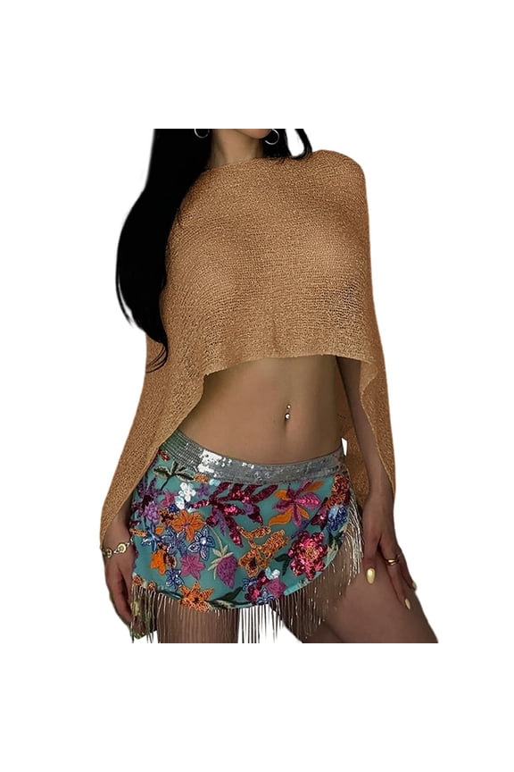 Women Sheer Poncho Top Light-Weight Knit Crochet Shrug Mesh Batwing Sleeve Sweater Cover Up Khaki M