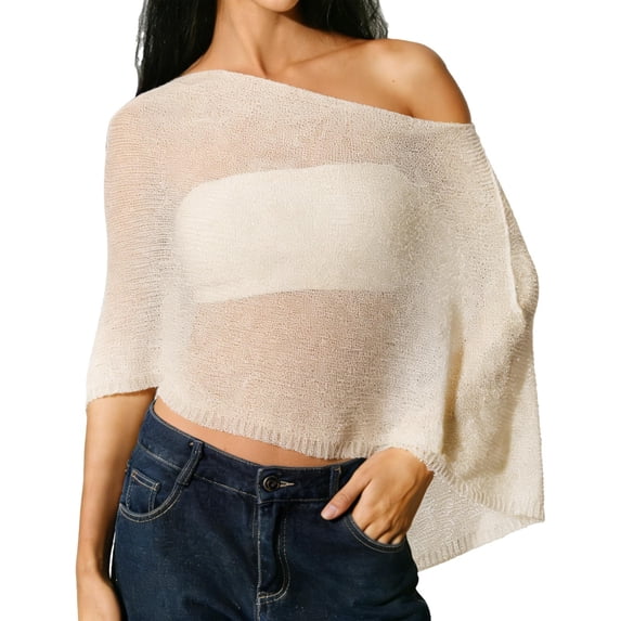 Women Sheer Poncho Top Lightweight Knit Crochet Shrug Bolero Mesh Batwing Sleeve Sweater Cover up Beachwear Casual Loose Fit Summer Blouses 2026 QURATI Khaki One Size