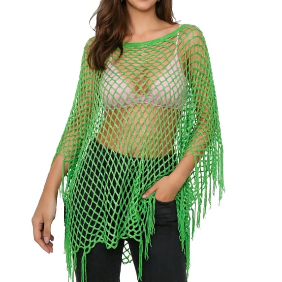 Women Sheer Poncho Top Lightweight Knit Crochet Shrug Bolero Mesh Batwing Sleeve Sweater Cover Up Beachwear Through Sequin Fishnet Shawl Knit Shrug Shawl Beach Party Outfits