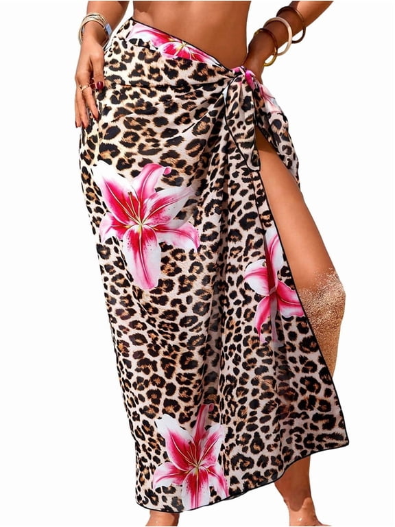 Women Sheer Sarong High Slit Swimsuit Coverups Floral Print Chiffon Wraps Beach Cover Up Leopard Lily Pattern One Size