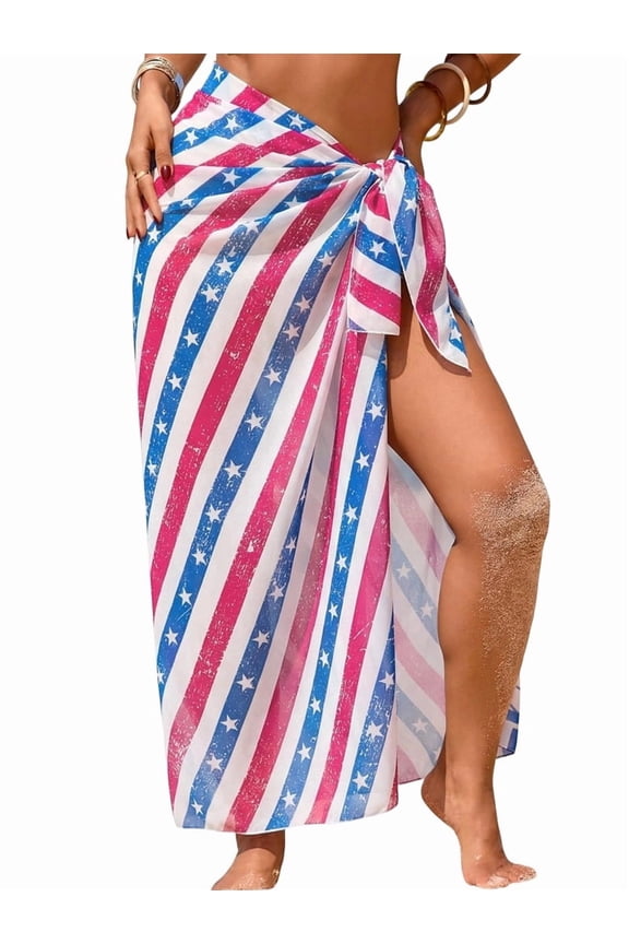 Women Sheer Sarong High Slit Swimsuit Coverups Floral Print Chiffon Wraps Beach Cover Up USA Flag One Size