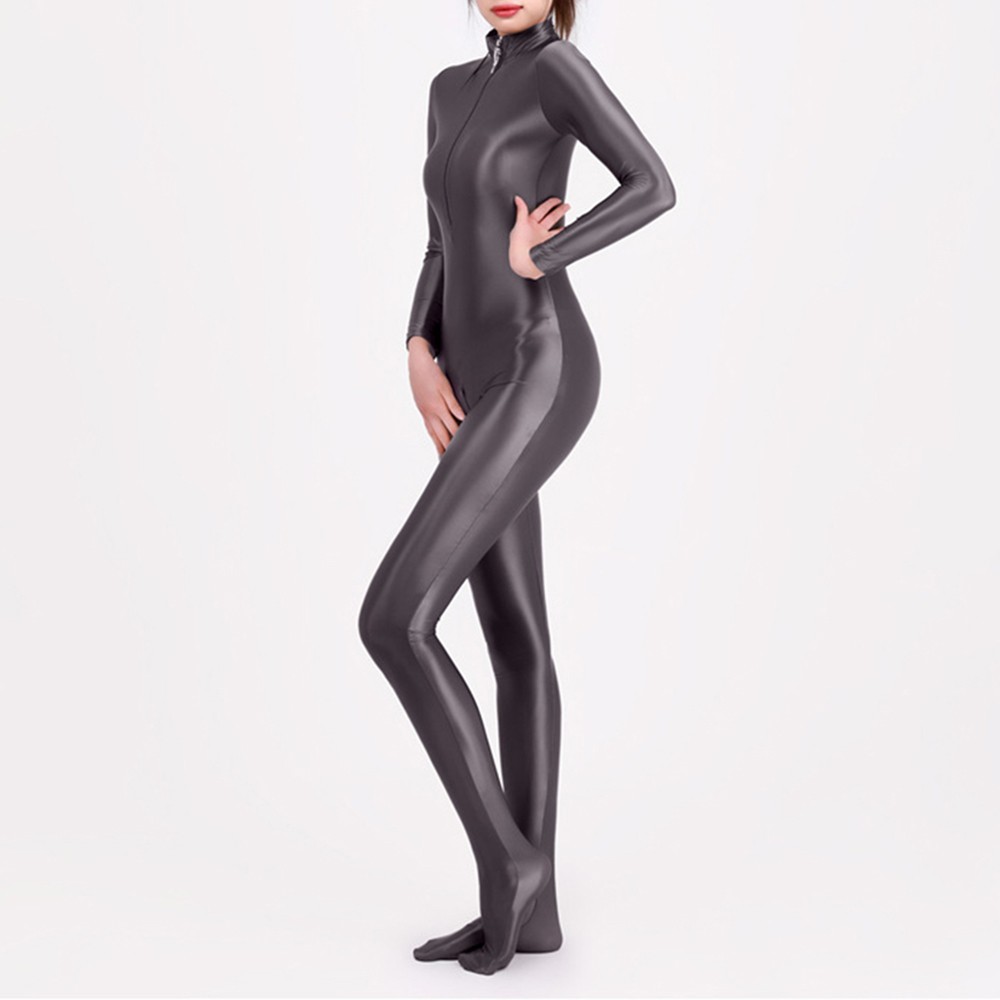 Women Sheer Super Soft Shiny Bodysuit Zip Up Open Crotch Jumpsuit