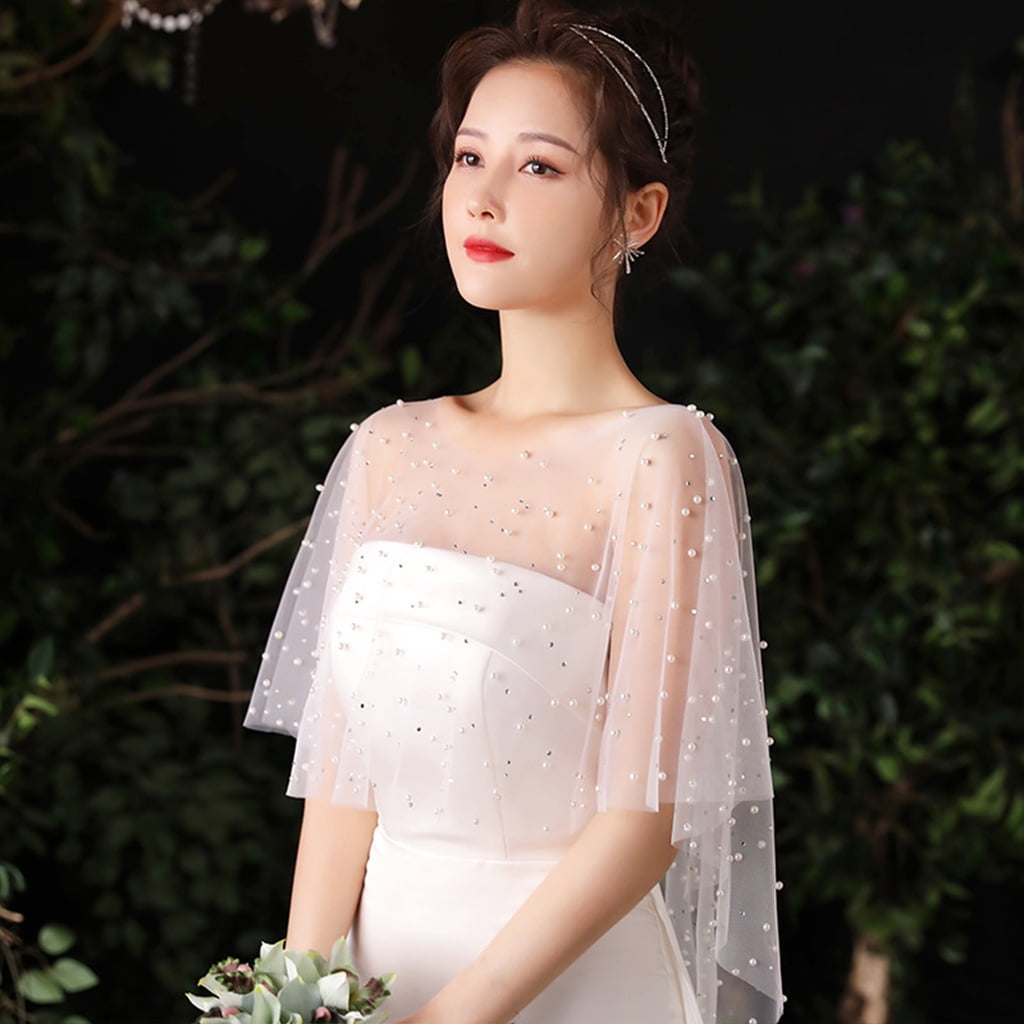 Women Sheer Tulle Pleated Wedding Shawl Rhinestone Pearl Beaded White  Capelet Bolero Vintage High Low Shrug Wrap Cape for Dress Cover Up 