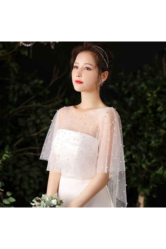 Women Sheer Tulle Pleated Wedding Shawl Rhinestone Pearl Beaded White Capelet Bolero Vintage High Low Shrug Wrap Cape for Dress Cover Up