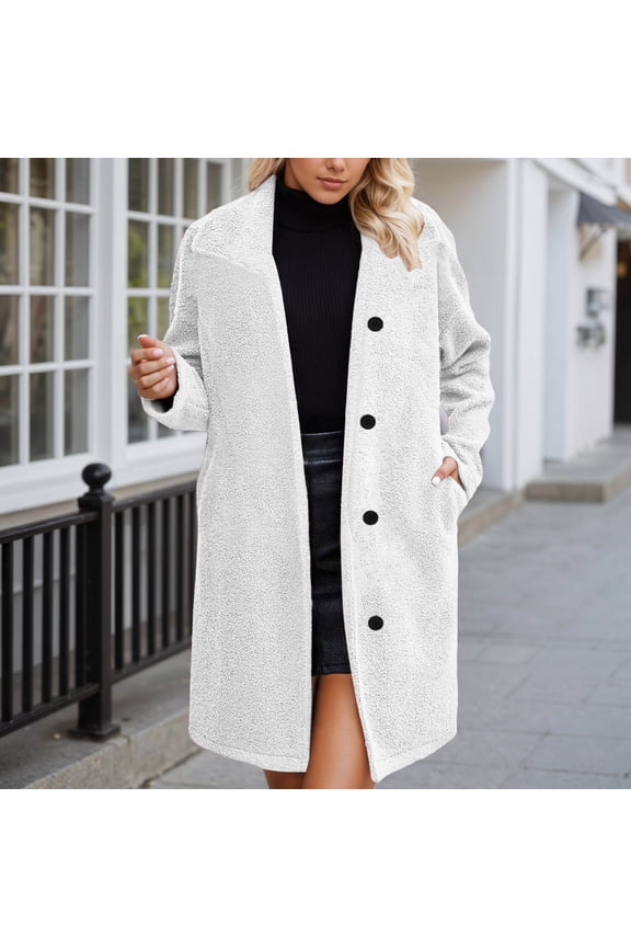 Women Sherpa Coats Lapel Fuzzy Trench Jackets Winter Cardigan with Button (White XXL)