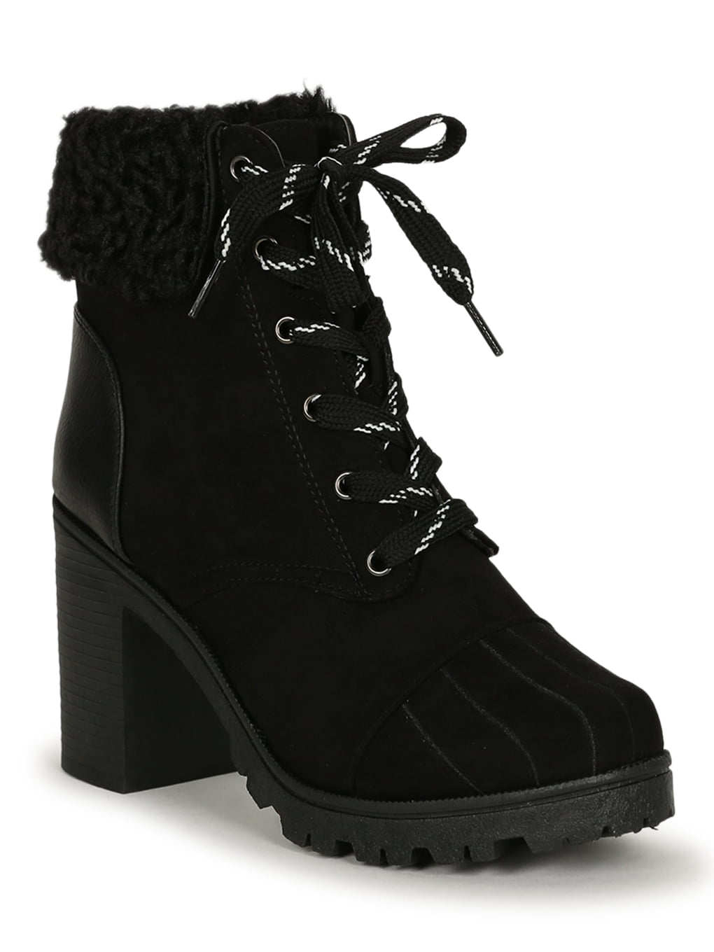 Women Sherpa Cuffed Lace up Lug Stacked Ankle Boot 19579 - Walmart.com