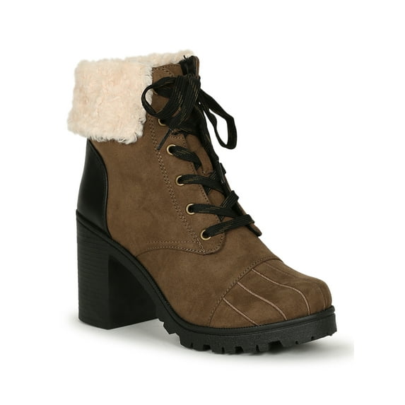 Women Sherpa Cuffed Lace up Lug Stacked Ankle Boot 19579
