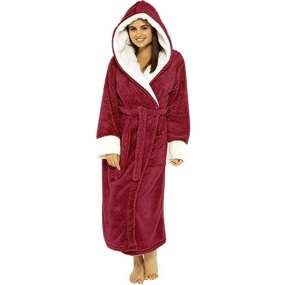 Women Sherpa Fleece Bathrobe Soft Dressing Gown Hooded Fluffy Towling Bath Robe H