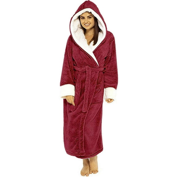 Women Sherpa Fleece Bathrobe Soft Dressing Gown Hooded Fluffy Towling Bath Robe H