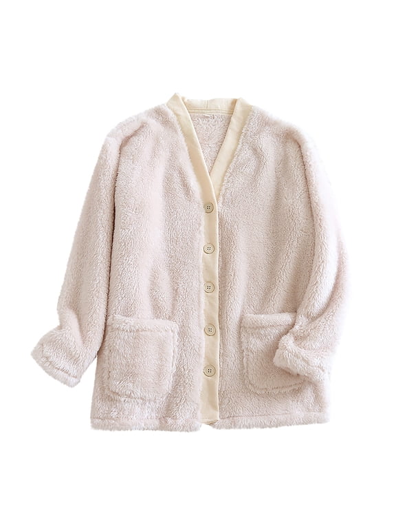 Women Sherpa Fleece Bed Jacket Casual Fuzzy V Neck Long Sleeve Button Pajama Coat Loose Soft Lightweight Winter Warm Loungewear