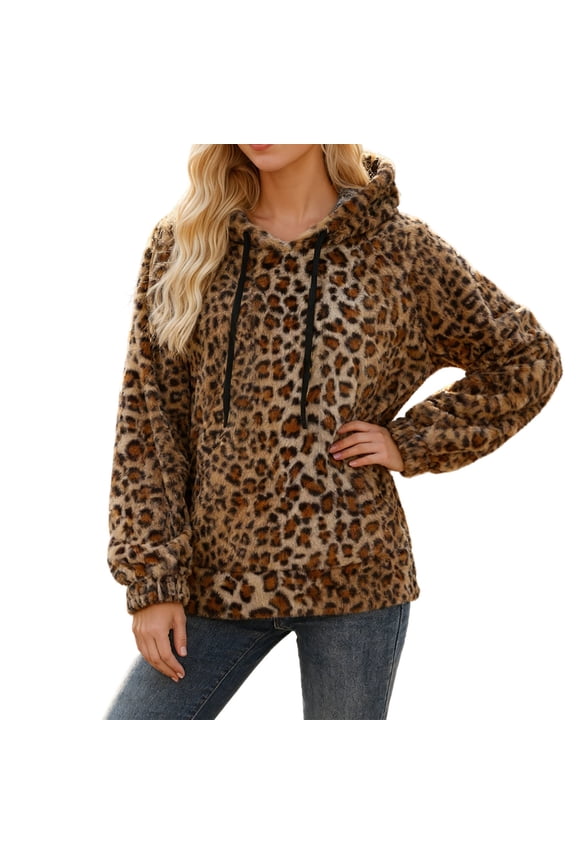 Women Sherpa Hoodies 2025 Fashion Leopard Print Drawstring Long Sleeve Sweatshirts Winter Warm Comfy Soft Loose Hooded Tops