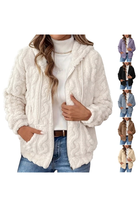 Women Sherpa Fleece Jacket Casual Loose Soft Fuzzy Long Sleeve Hooded Coat Full Zip Lightweight Winter Warm With Pockets