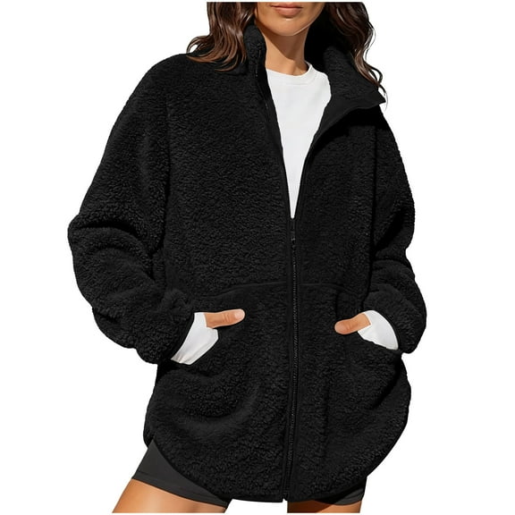 Women Sherpa Fleece Jackets Casual Fuzzy Stand Collar Long Sleeve Full Zip Coats Loose Fashion Lightweight Winter Warm Outwear