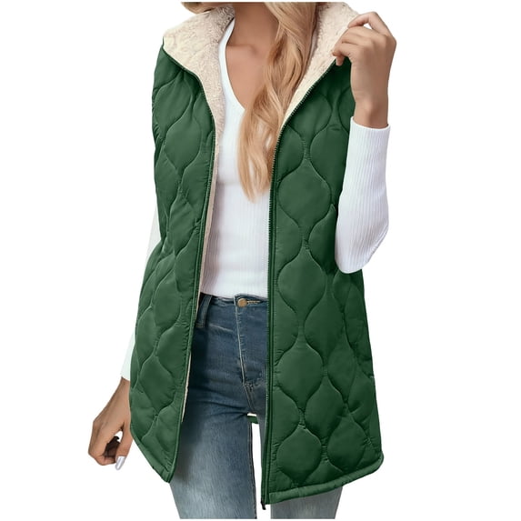 Women Sherpa Fleece Lined Vest Casual Loose Quilted Full Zip Long Hooded Sleeveless Jacket Trendy Comfy Winter Warm Coat