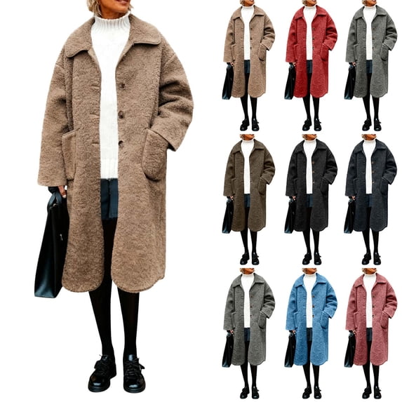 Women Sherpa Fleece Overcoat Casual Fuzzy Notched Lapel Long Sleeve Single Breasted Peacoat Trendy Winter Warm Coat With Pocket