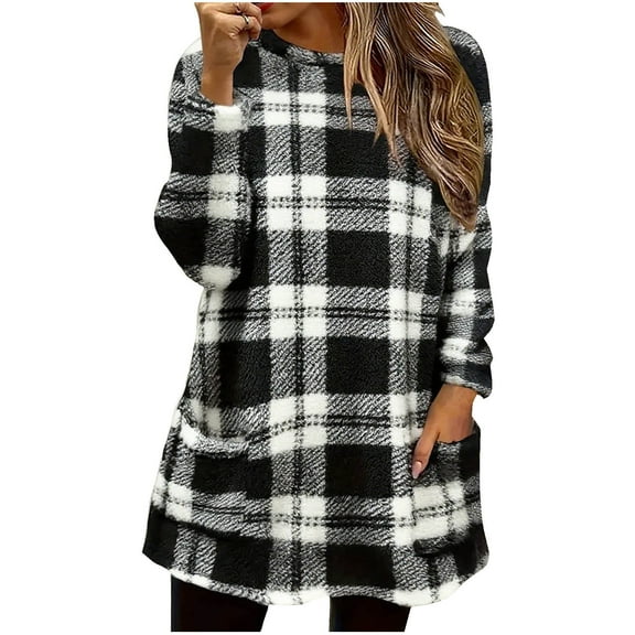 Women Sherpa Fleece Plaid Long Tops with Pockets Crewneck Long Sleeve Tunic Sweaters for Leggings Christmas Outfits (M, Black)
