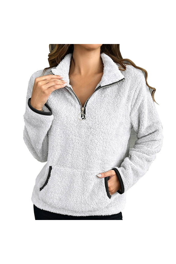 Women Sherpa Fleece Pullover Quarter Zip Long Sleeve Fluffy Soft Sweaters Jacket Plus Size Winter Coats with Pockets