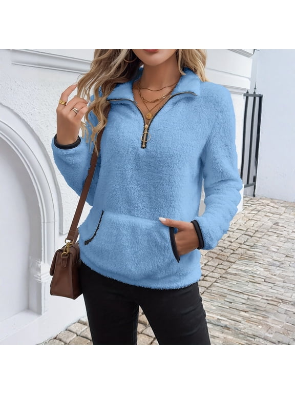 Women Sherpa Fleece Pullover Quarter Zip Long Sleeve Fluffy Soft Sweaters Jacket Warm Winter Coats with Pockets