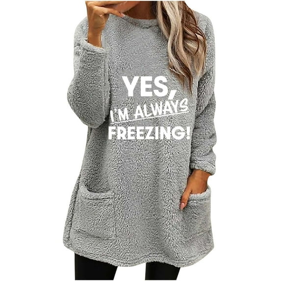 Women Sherpa Fleece Tunic Top Crew Neck Comfy Thermal Pullover Sweater Pockets Letter Print Long Top for Leggings (S, Gray)