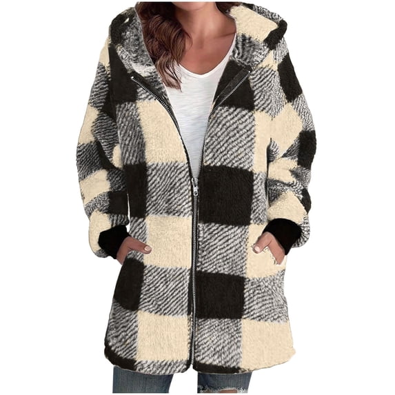 Women Sherpa Jacket Fuzzy Fleece Zip Up Winter Coat Warm Faux Fur with Pockets Long Sleeve Hooded Outerwear