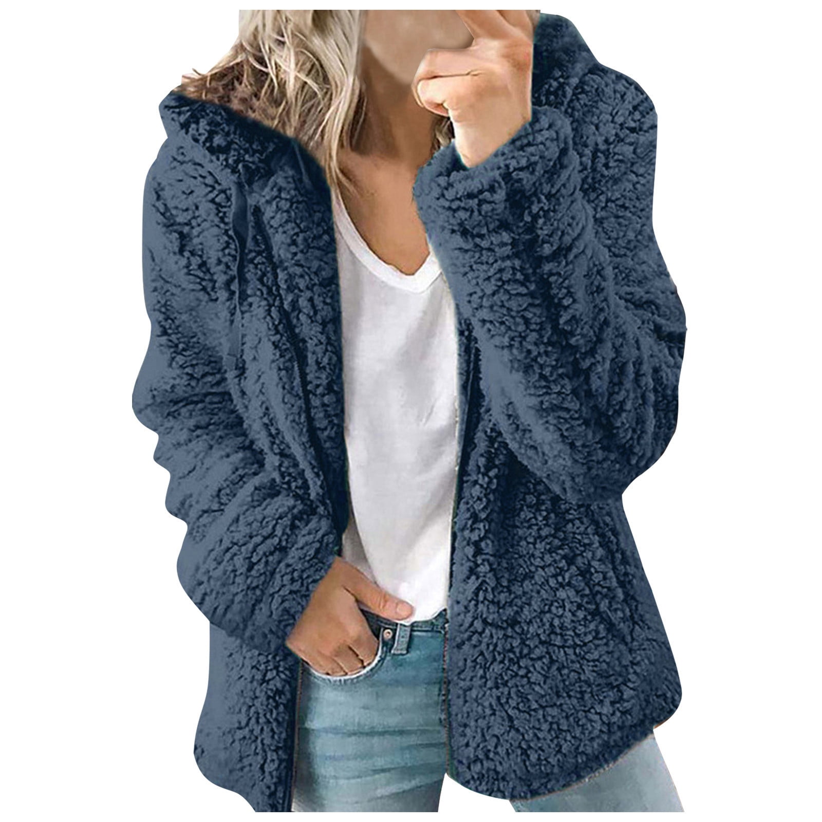 Women Sherpa Jacket No Hood Fleece Winter Coats Warm Full Zip Soft Solid Long Sleeve Cardigan Sweater Outwear