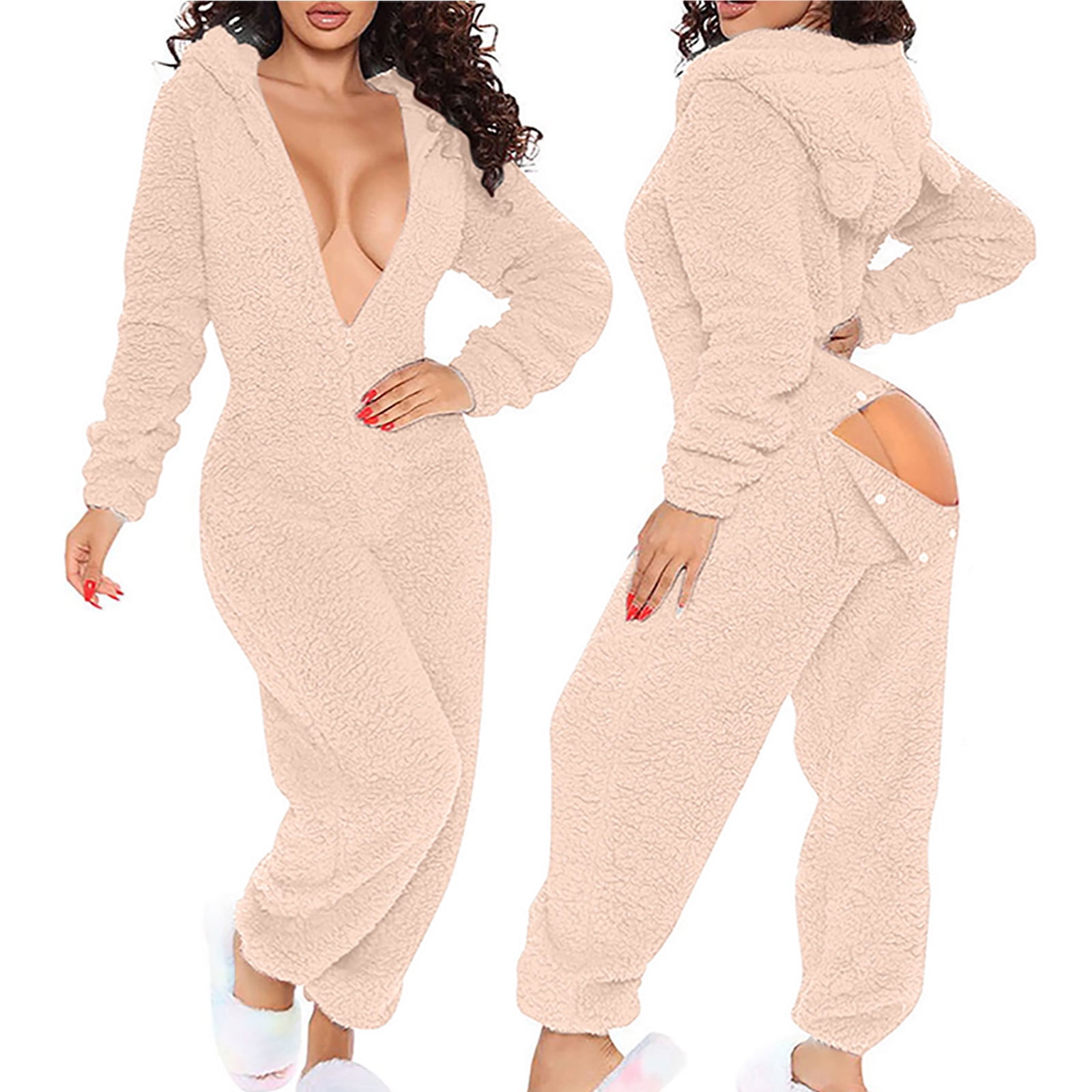 Women Sherpa Jumpsuit Sexy Butt Button Back Flap Jumpsuit Pajamas Onesies Winter Warm Hooded Rompers Deep V Neck Zip One Piece Bodysuit