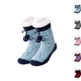 thumbnail image 1 of Women Sherpa Lined Cable Knit Slipper Socks with Pom Pom, Thick Warm Non Slip Home Socks, Cozy Fleece Lined Winter Cabin Socks for Indoor Wear Blue, 1 of 4