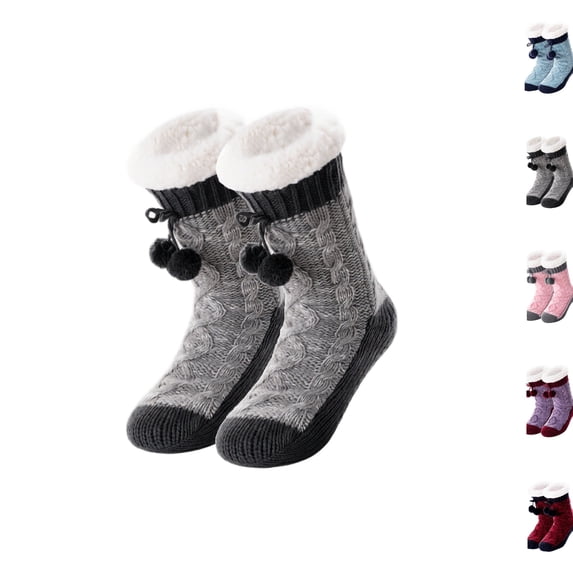 Women Sherpa Lined Cable Knit Slipper Socks with Pom Pom, Thick Warm Non Slip Home Socks, Cozy Fleece Lined Winter Cabin Socks for Indoor Wear Gray